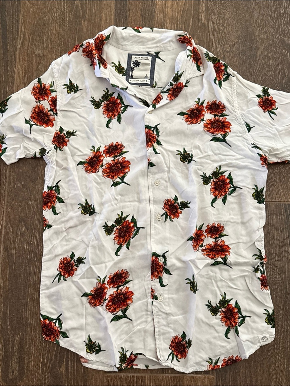Free Planet White Short-Sleeve Button-Down Shirt with Orange Floral Print